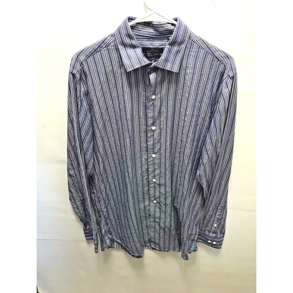 Marc Anthony Men's Navy Blue Pinstripe Long Sleeve Slim Fit Dress Shirt 16 1/2"